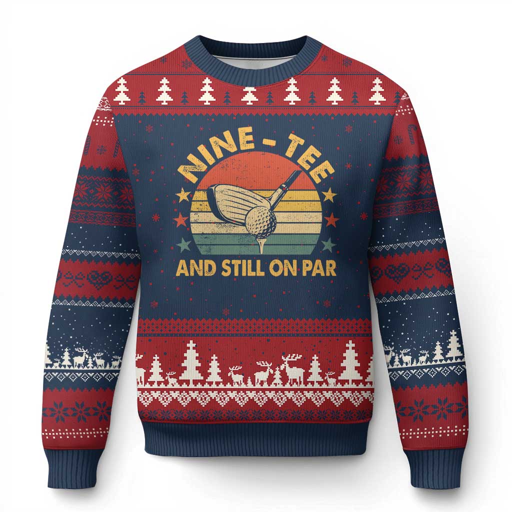 90th Birthday Golf Ugly Christmas Sweater Funny Nine Tee And Still On Par 90 Years Old TS11 Navy Red Print Your Wear