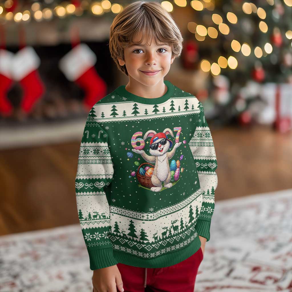 Funny Easter Day Six Seven 67 Bunny Boys Kids Ugly Christmas Sweater TS11 Forest Green Beige Print Your Wear