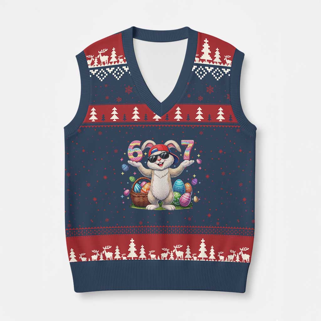Funny Easter Day Six Seven 67 Bunny Boys Kids V-Neck Knit Sweater Vest TS11 Navy Red Print Your Wear
