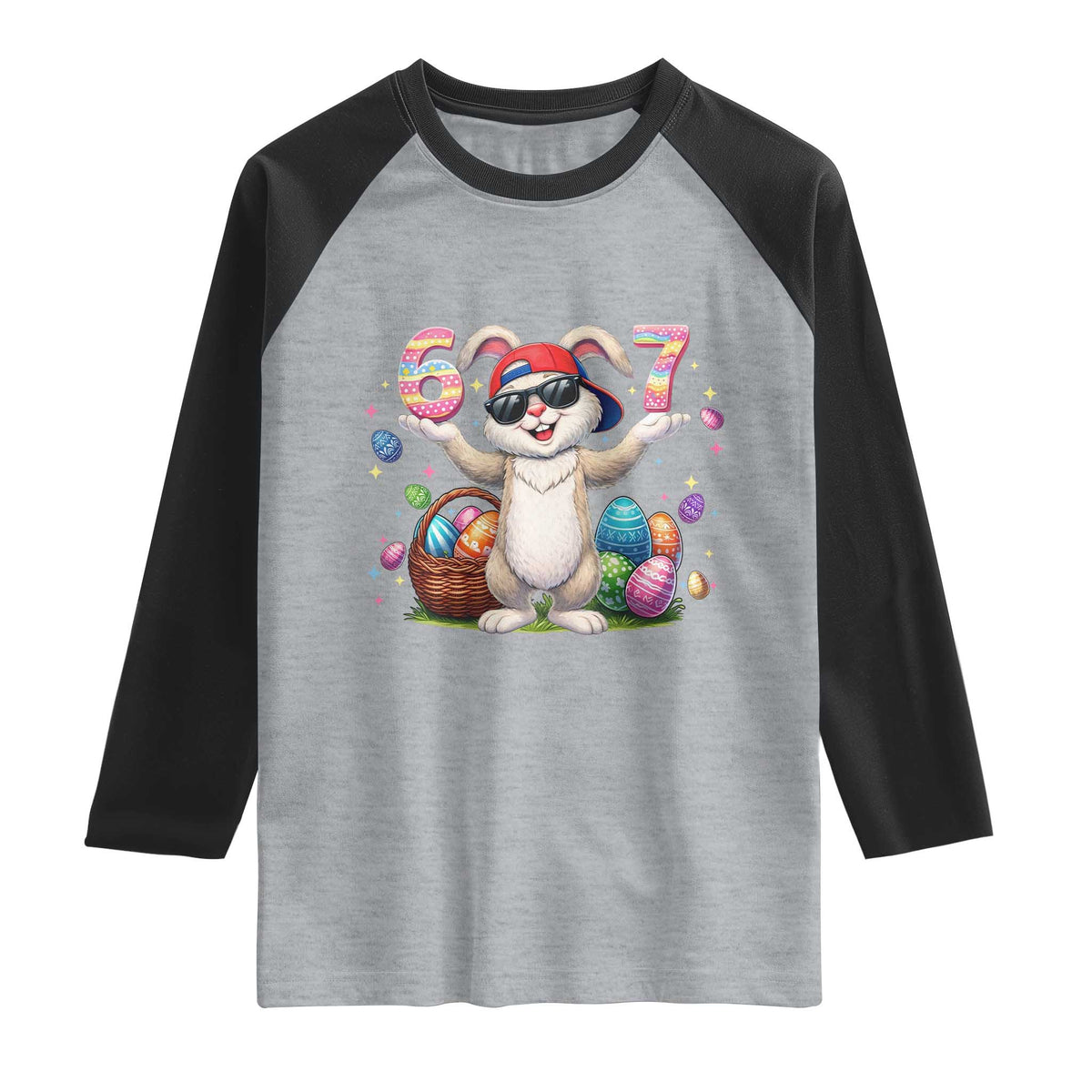 Funny Easter Day Six Seven 67 Bunny Boys Kids Raglan Shirt TS11 Heather Gray Black Print Your Wear