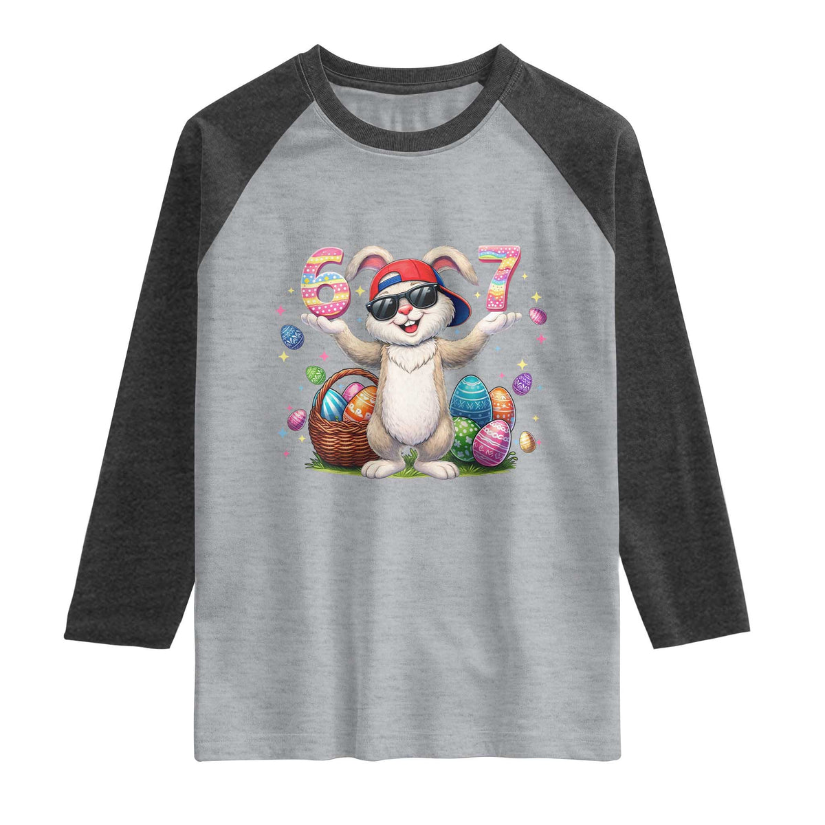 Funny Easter Day Six Seven 67 Bunny Boys Kids Raglan Shirt TS11 Heather Gray Heather Charcoal Print Your Wear