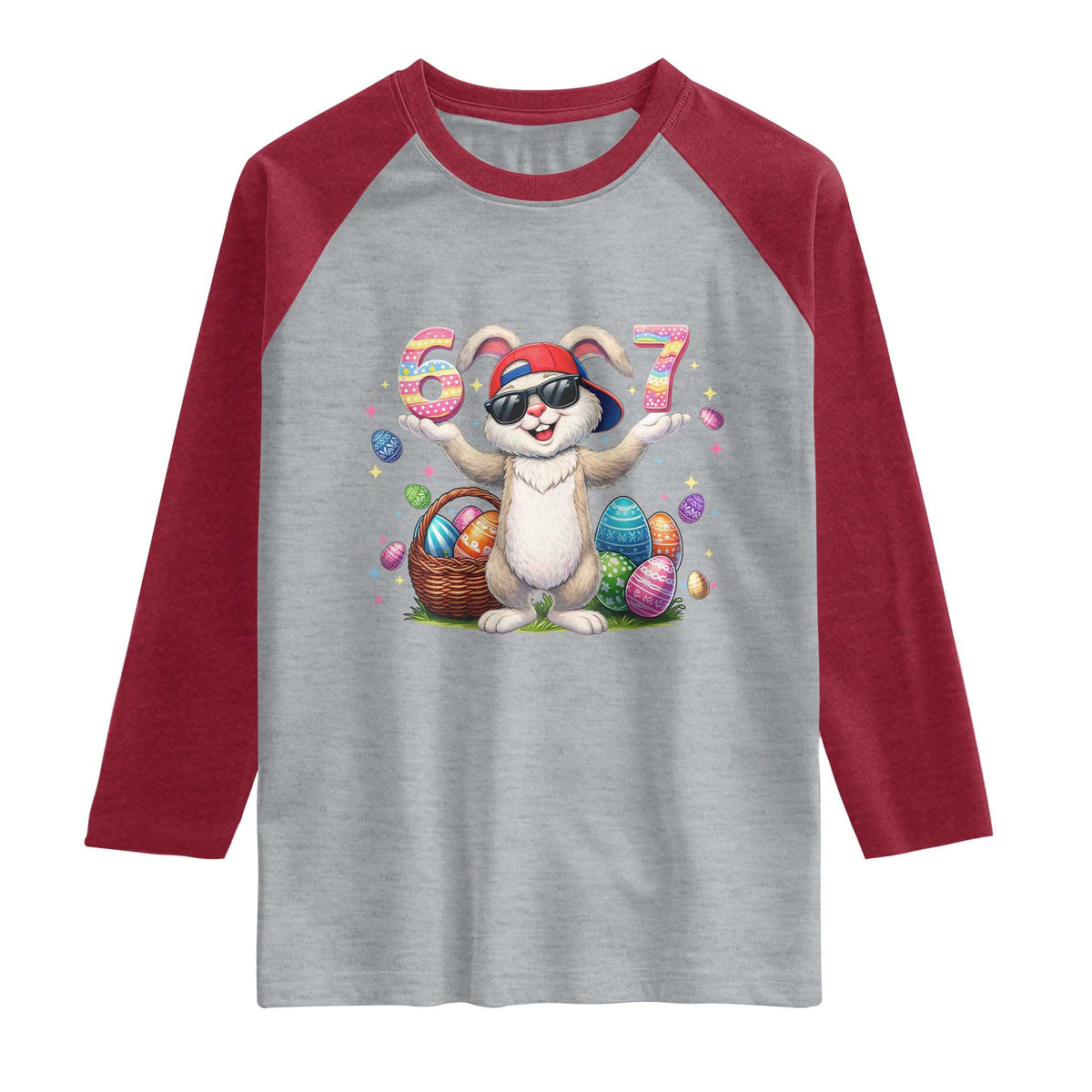 Funny Easter Day Six Seven 67 Bunny Boys Kids Raglan Shirt TS11 Heather Gray Heather Red Print Your Wear