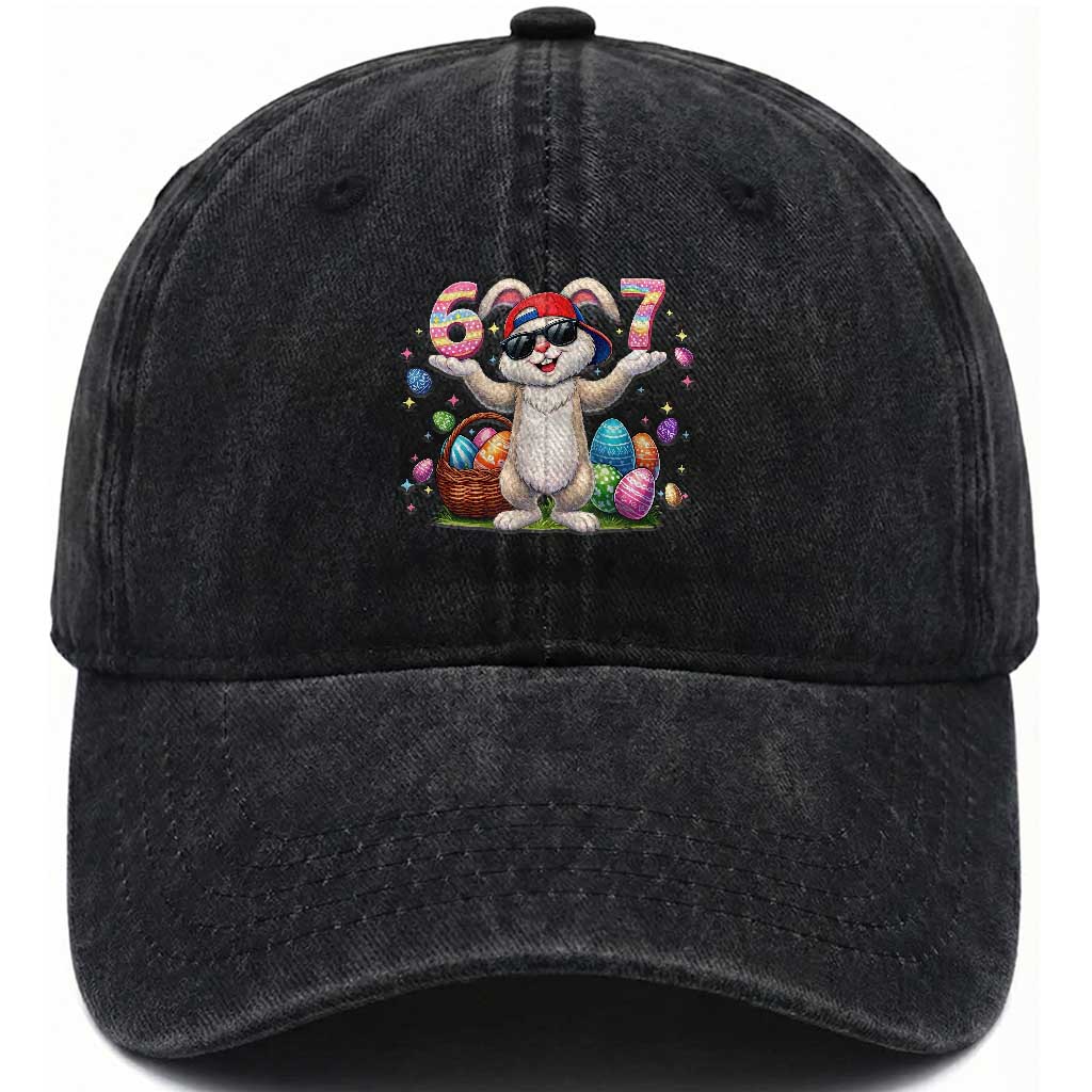 Funny Easter Day Six Seven 67 Bunny Boys Kids Washed Cotton Baseball Cap TS11 Washed Cap Universal Fit Black Print Your Wear