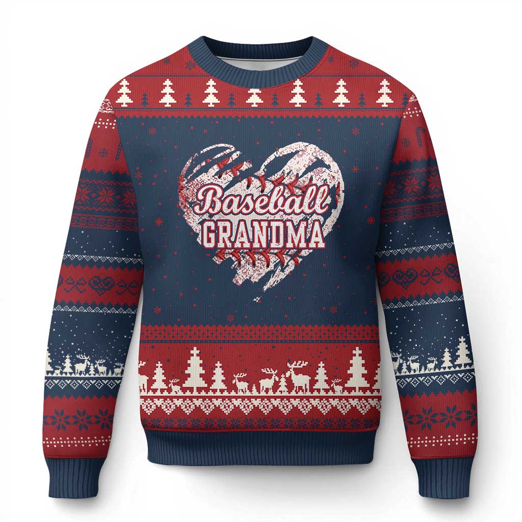Baseball Grandma Ugly Christmas Sweater Vintage Baseball Heart Game Day TS11 Navy Red Print Your Wear