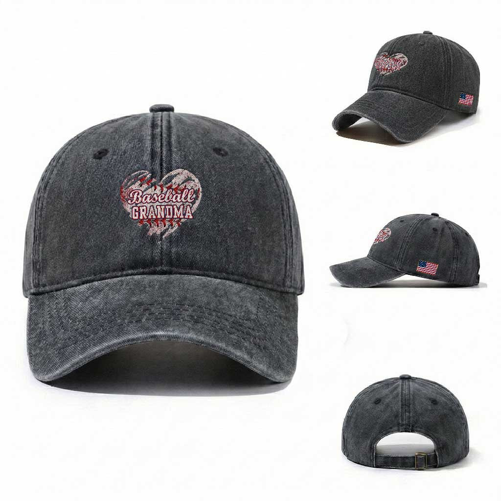 Baseball Grandma Washed Cotton Baseball Cap Vintage Baseball Heart Game Day