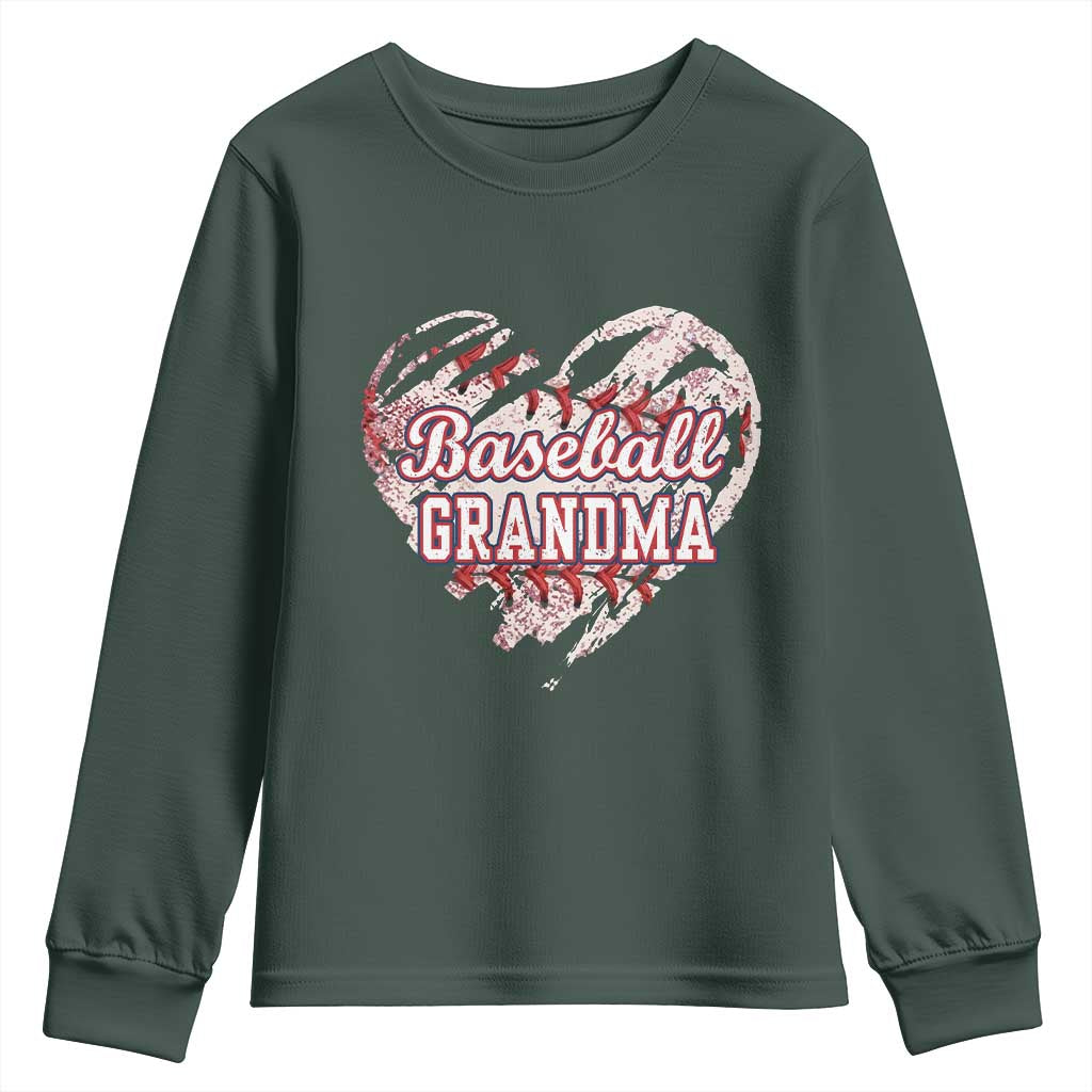 Baseball Grandma Youth Sweatshirt Vintage Baseball Heart Game Day TS11 Dark Forest Green Print Your Wear