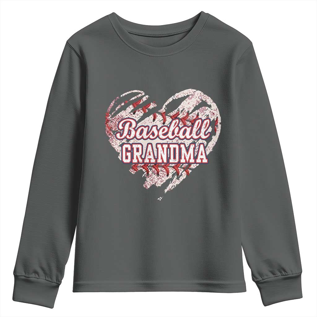 Baseball Grandma Youth Sweatshirt Vintage Baseball Heart Game Day TS11 Dark Heather Print Your Wear