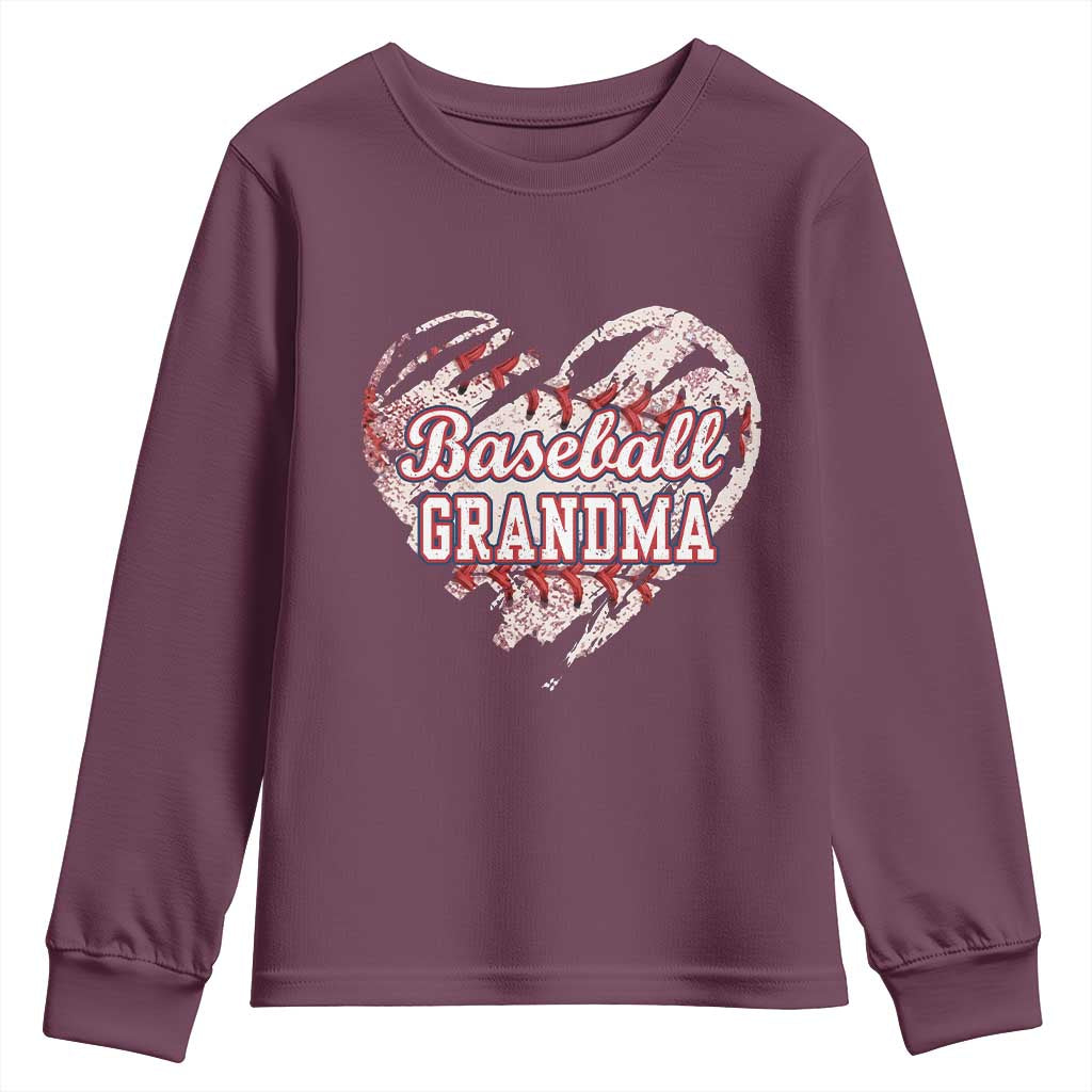 Baseball Grandma Youth Sweatshirt Vintage Baseball Heart Game Day TS11 Maroon Print Your Wear