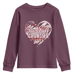 Baseball Grandma Youth Sweatshirt Vintage Baseball Heart Game Day TS11 Maroon Print Your Wear