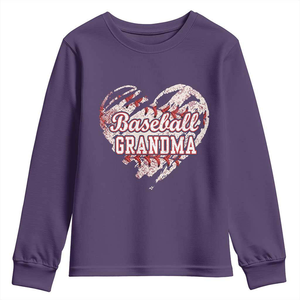 Baseball Grandma Youth Sweatshirt Vintage Baseball Heart Game Day TS11 Purple Print Your Wear