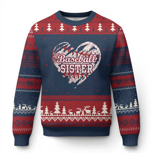 Baseball Sister Ugly Christmas Sweater Vintage Baseball Heart Game Day TS11 Navy Red Print Your Wear