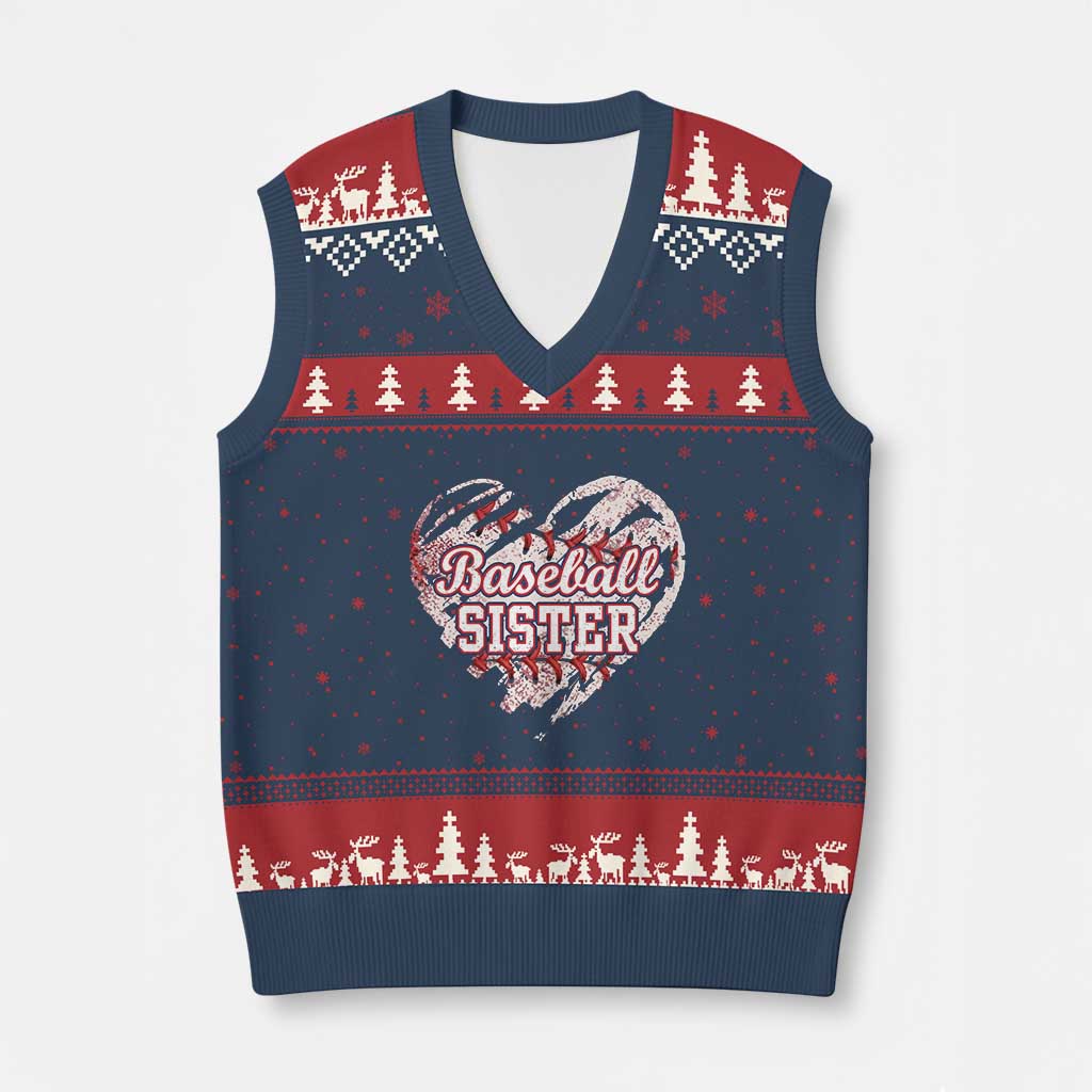 Baseball Sister V-Neck Knit Sweater Vest Vintage Baseball Heart Game Day TS11 Navy Red Print Your Wear