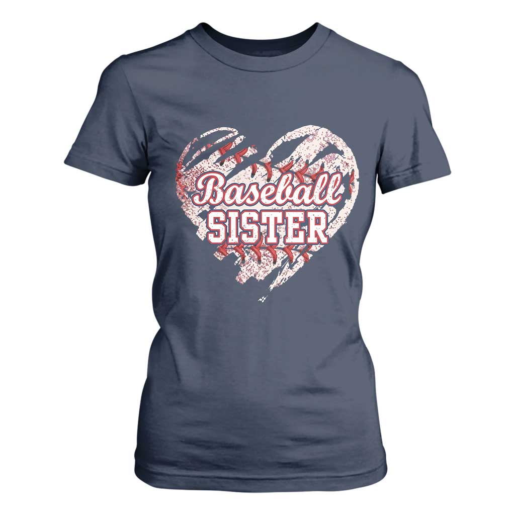 Baseball Sister T Shirt For Women Vintage Baseball Heart Game Day TS11 Navy Print Your Wear