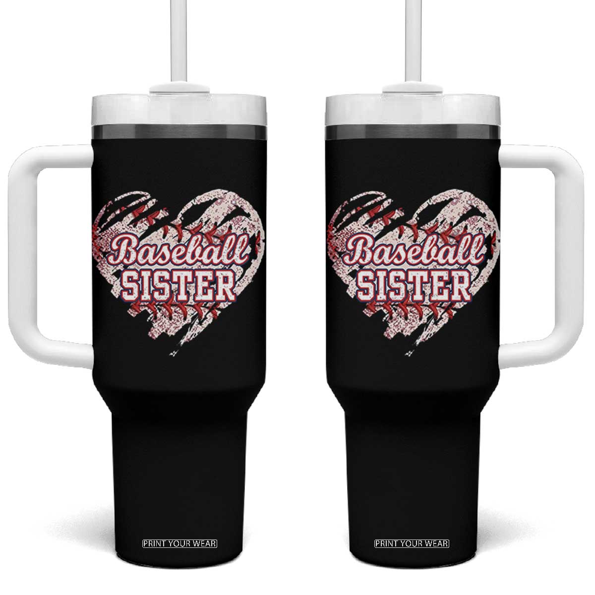 Baseball Sister Tumbler With Handle Vintage Baseball Heart Game Day TS11 One Size: 40 oz Black Print Your Wear