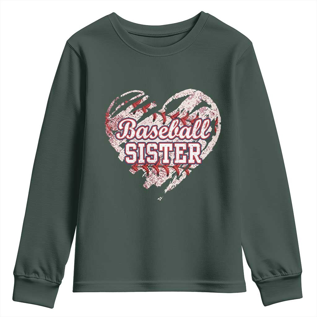 Baseball Sister Youth Sweatshirt Vintage Baseball Heart Game Day TS11 Dark Forest Green Print Your Wear