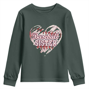 Baseball Sister Youth Sweatshirt Vintage Baseball Heart Game Day TS11 Dark Forest Green Print Your Wear