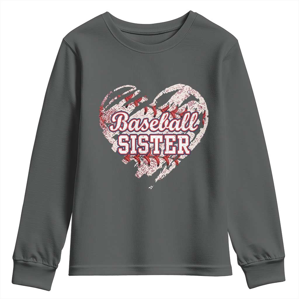 Baseball Sister Youth Sweatshirt Vintage Baseball Heart Game Day TS11 Dark Heather Print Your Wear