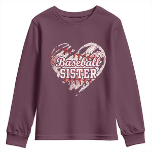 Baseball Sister Youth Sweatshirt Vintage Baseball Heart Game Day TS11 Maroon Print Your Wear