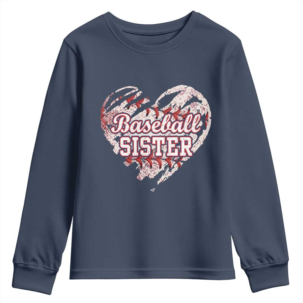 Baseball Sister Youth Sweatshirt Vintage Baseball Heart Game Day TS11 Navy Print Your Wear
