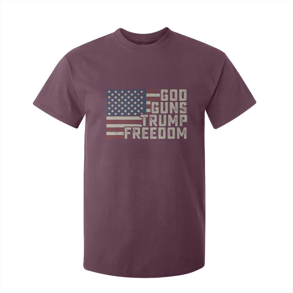 Funny God Guns Trump Freedom T Shirt For Kid American Flag Christian Pro Gun TS11 Maroon Print Your Wear