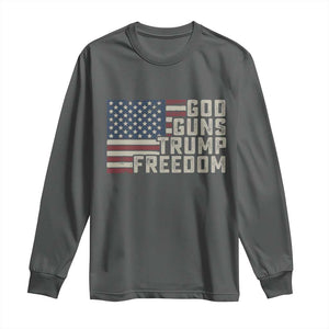 Funny God Guns Trump Freedom Long Sleeve Shirt American Flag Christian Pro Gun TS11 Dark Heather Print Your Wear