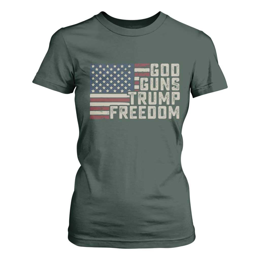 Funny God Guns Trump Freedom T Shirt For Women American Flag Christian Pro Gun TS11 Dark Forest Green Print Your Wear