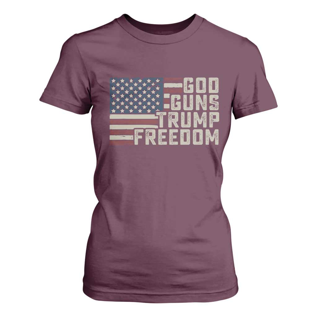 Funny God Guns Trump Freedom T Shirt For Women American Flag Christian Pro Gun TS11 Maroon Print Your Wear