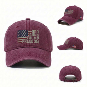 Funny God Guns Trump Freedom Washed Cotton Baseball Cap American Flag Christian Pro Gun TS11 Washed Cap Universal Fit Burgundy Print Your Wear