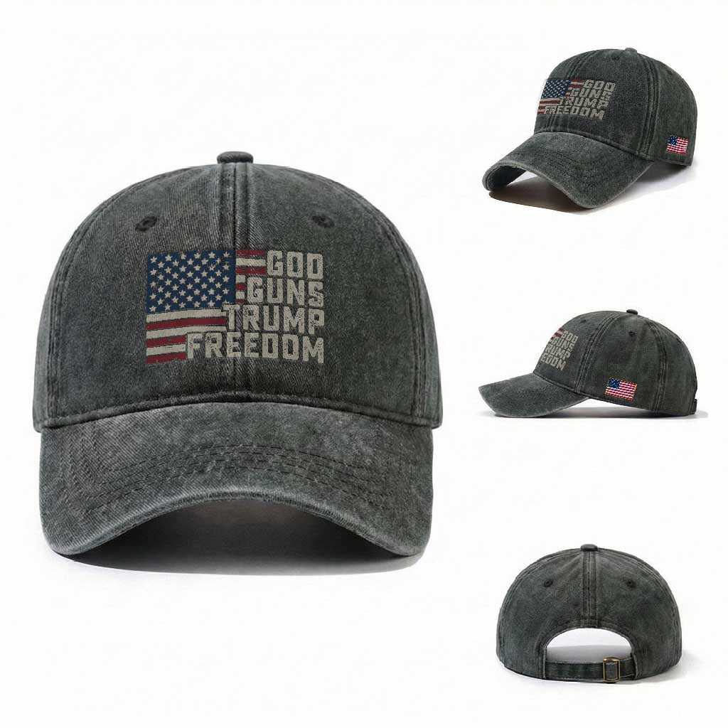 Funny God Guns Trump Freedom Washed Cotton Baseball Cap American Flag Christian Pro Gun TS11 Washed Cap Universal Fit Dark Green Print Your Wear