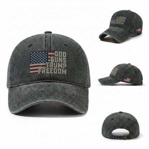 Funny God Guns Trump Freedom Washed Cotton Baseball Cap American Flag Christian Pro Gun TS11 Washed Cap Universal Fit Dark Green Print Your Wear
