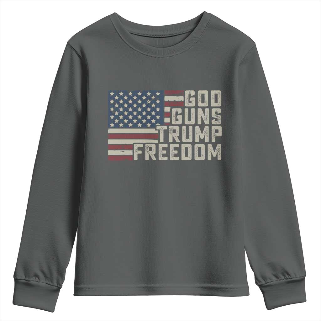 Funny God Guns Trump Freedom Youth Sweatshirt American Flag Christian Pro Gun TS11 Dark Heather Print Your Wear