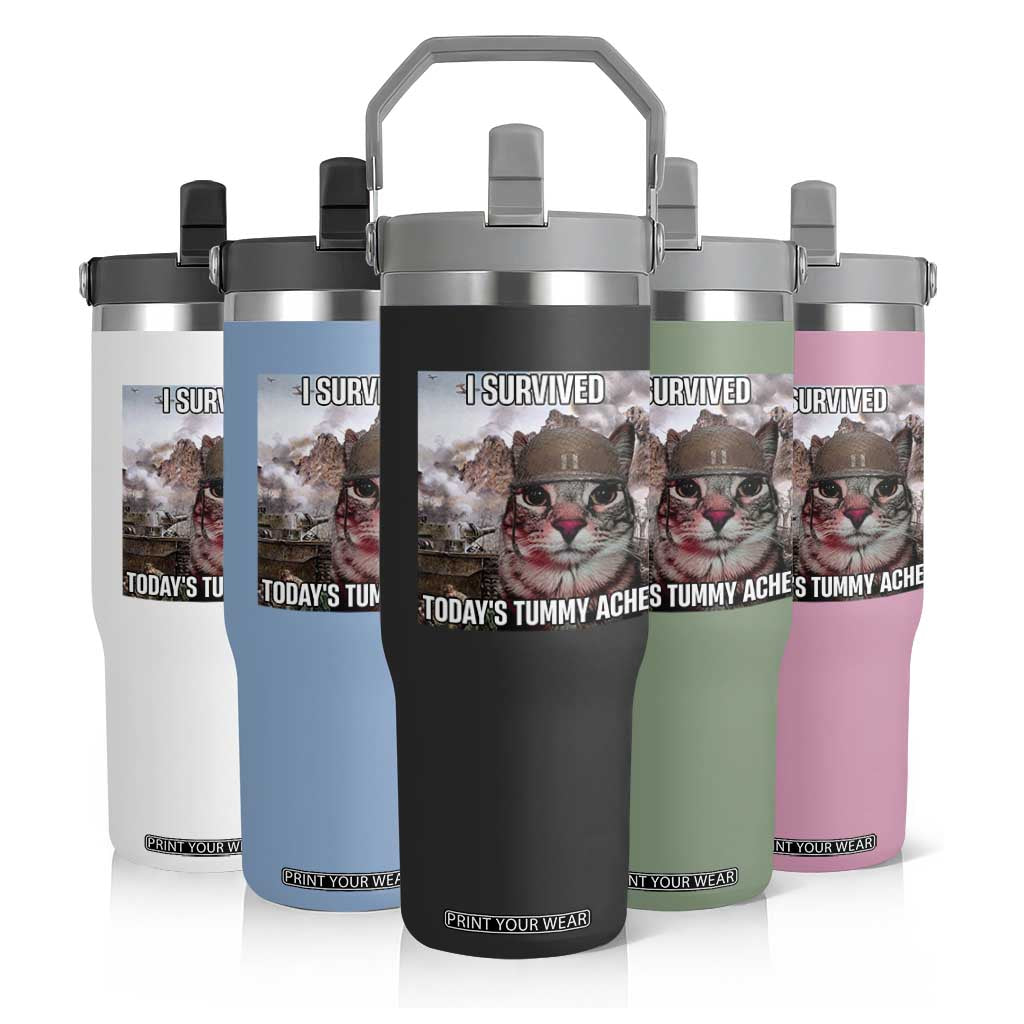 Funny I Survived Todays Tummy Ache Flip Straw Tumbler War Cat Meme TS11 Print Your Wear