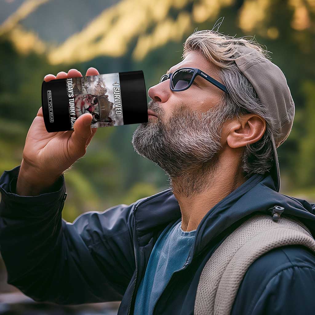 Funny I Survived Todays Tummy Ache 4 in 1 Can Cooler Tumbler War Cat Meme TS11 Print Your Wear