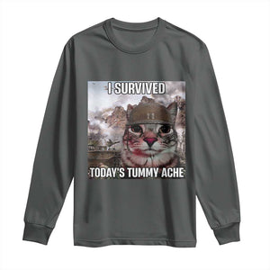 Funny I Survived Todays Tummy Ache Long Sleeve Shirt War Cat Meme TS11 Dark Heather Print Your Wear