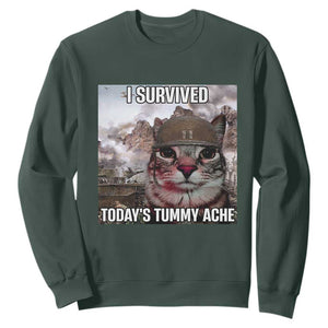 Funny I Survived Todays Tummy Ache Sweatshirt War Cat Meme TS11 Dark Forest Green Print Your Wear