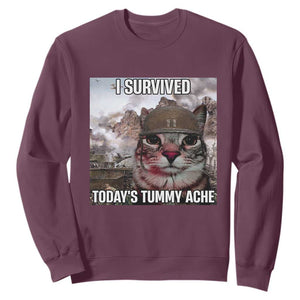 Funny I Survived Todays Tummy Ache Sweatshirt War Cat Meme TS11 Maroon Print Your Wear