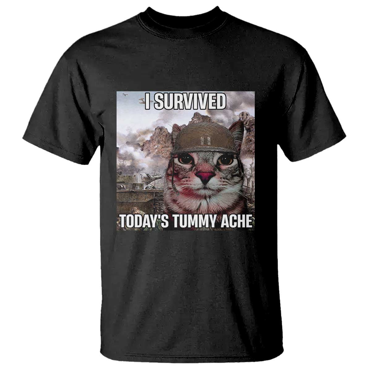 Funny I Survived Todays Tummy Ache T Shirt War Cat Meme TS11 Black Print Your Wear