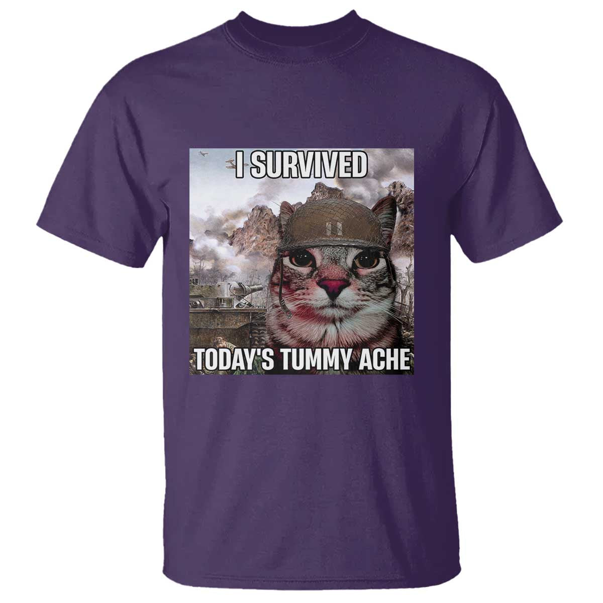 Funny I Survived Todays Tummy Ache T Shirt War Cat Meme TS11 Purple Print Your Wear