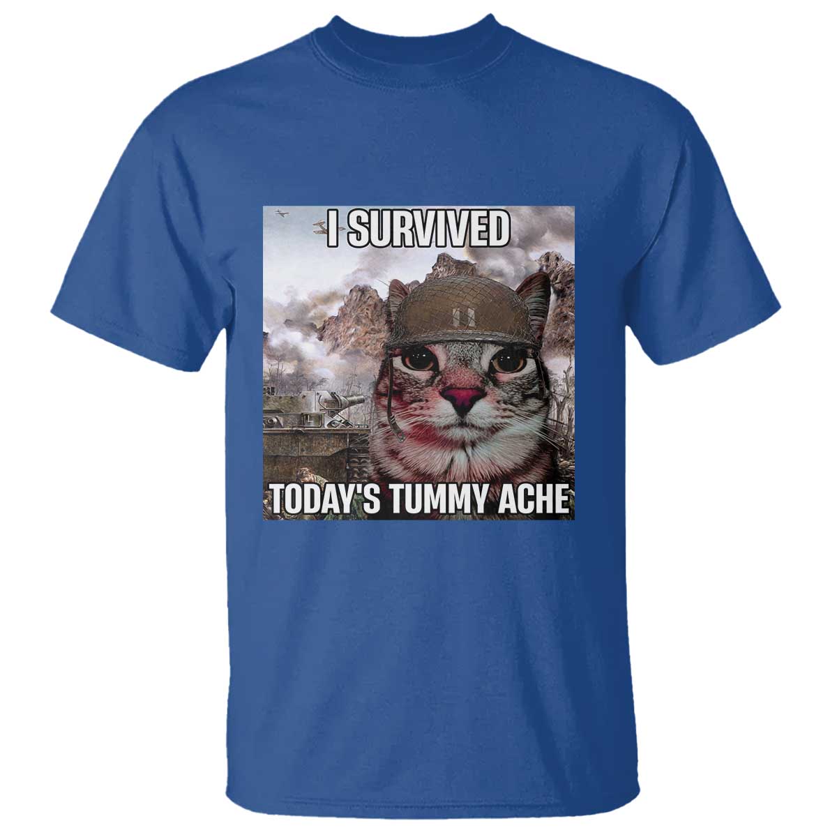 Funny I Survived Todays Tummy Ache T Shirt War Cat Meme TS11 Royal Blue Print Your Wear
