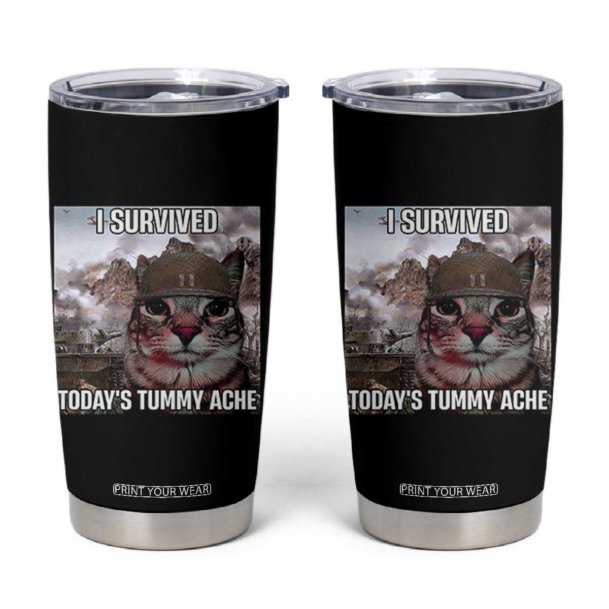 Funny I Survived Todays Tummy Ache Tumbler Cup War Cat Meme TS11 Black Print Your Wear