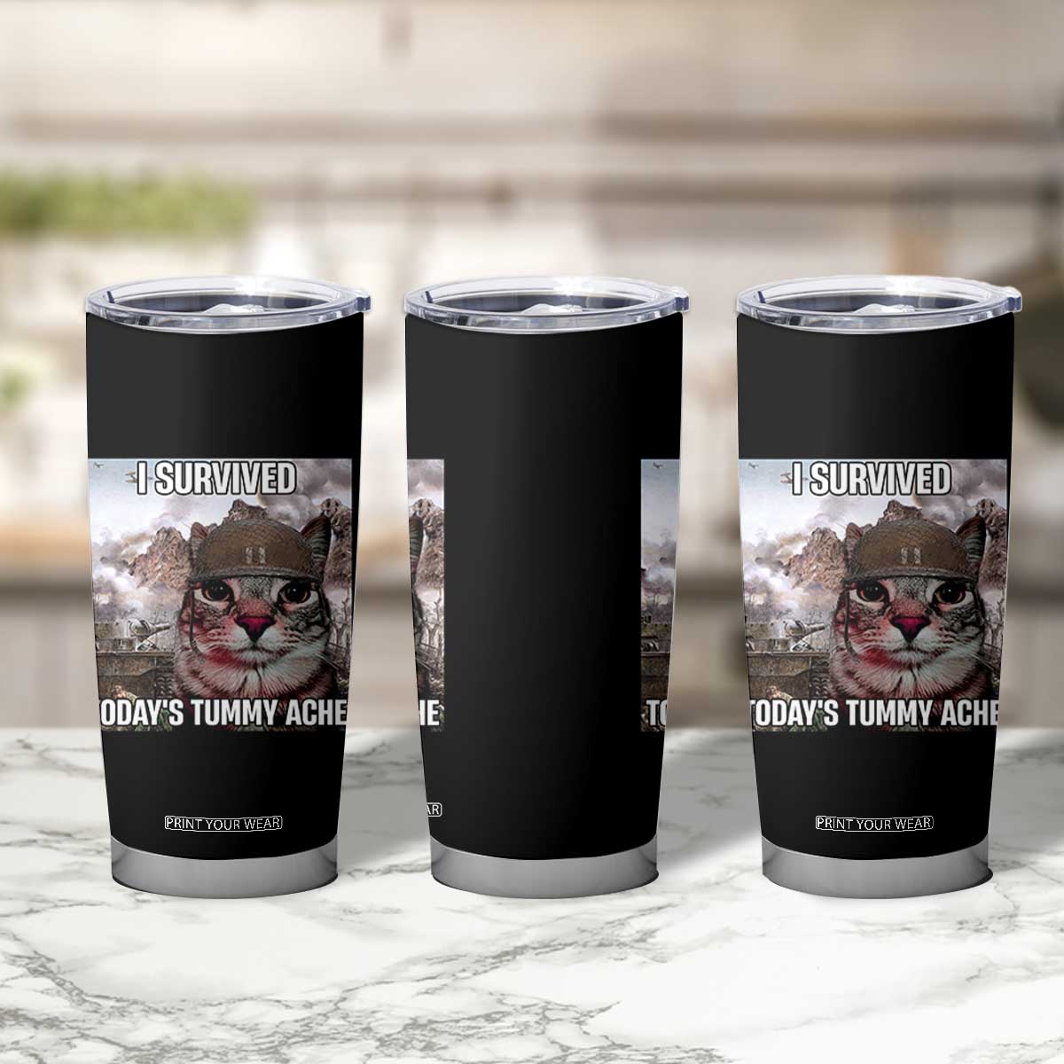 Funny I Survived Todays Tummy Ache Tumbler Cup War Cat Meme TS11 Print Your Wear