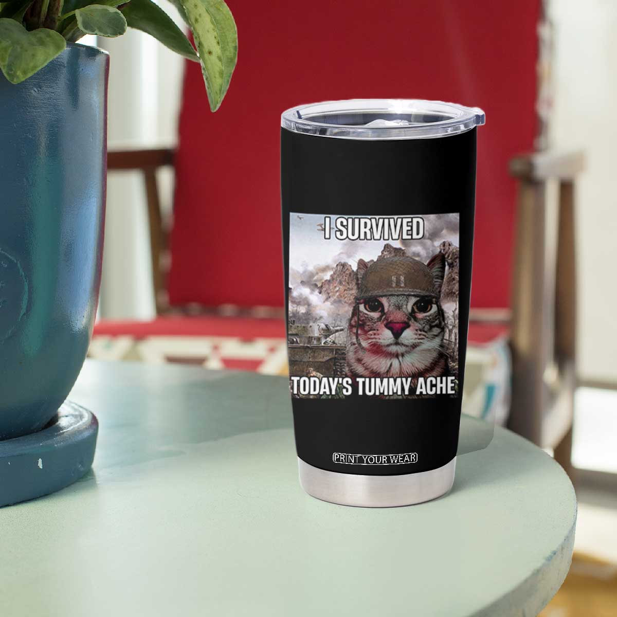Funny I Survived Todays Tummy Ache Tumbler Cup War Cat Meme TS11 Print Your Wear
