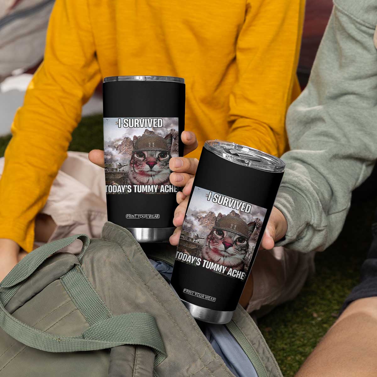 Funny I Survived Todays Tummy Ache Tumbler Cup War Cat Meme TS11 Print Your Wear