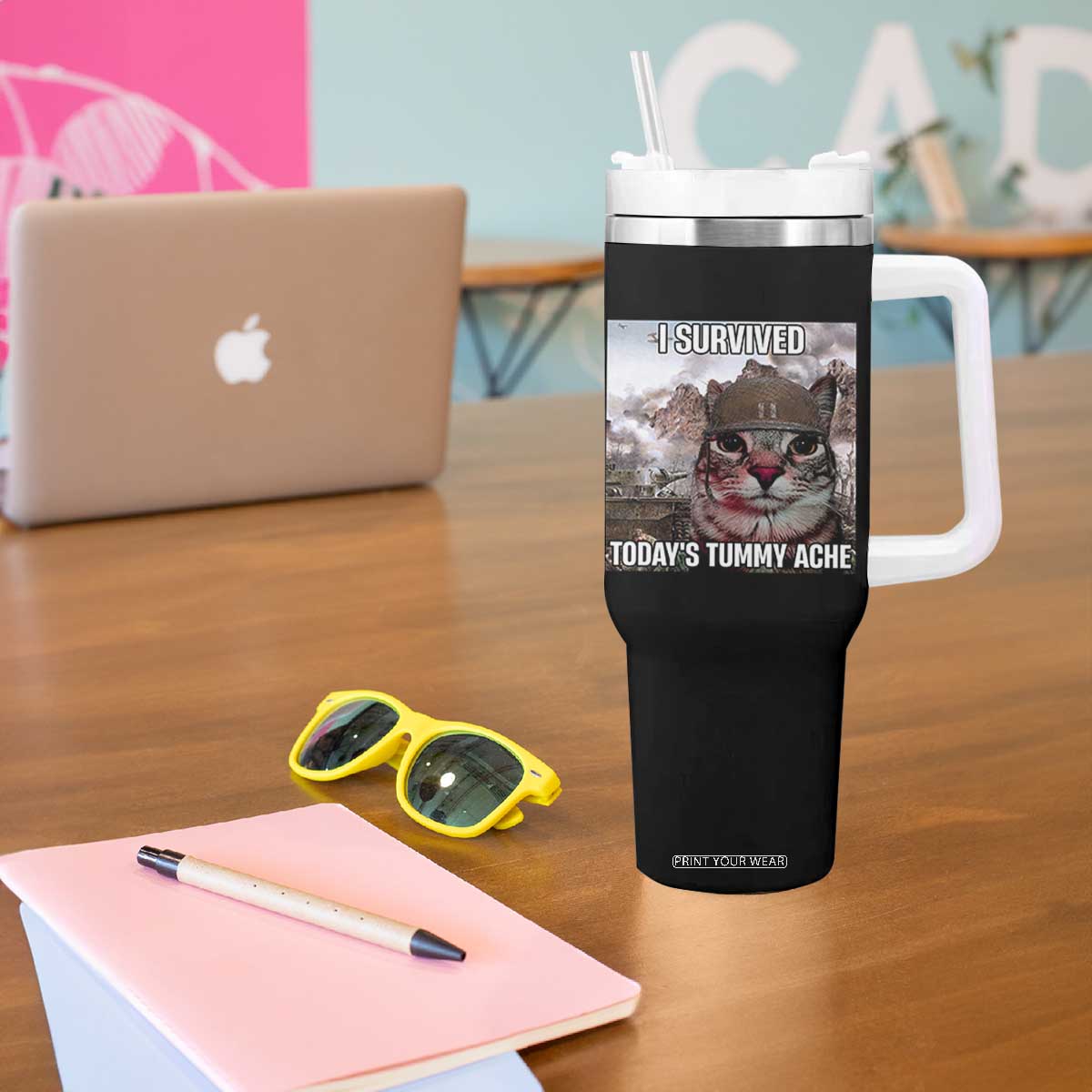 Funny I Survived Todays Tummy Ache Tumbler With Handle War Cat Meme TS11 Print Your Wear