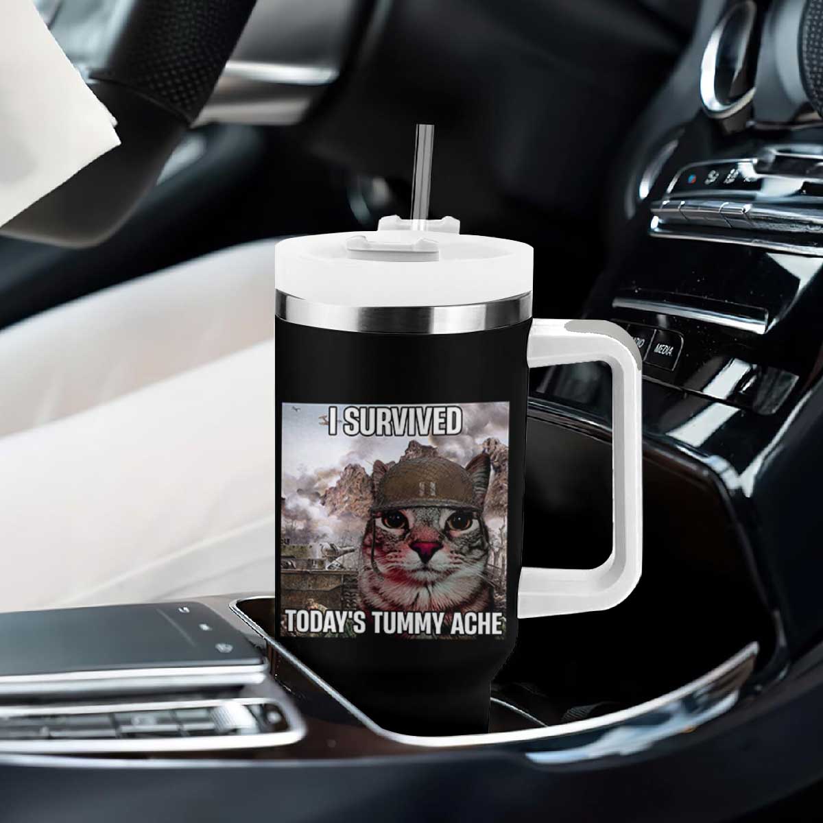 Funny I Survived Todays Tummy Ache Tumbler With Handle War Cat Meme TS11 Print Your Wear