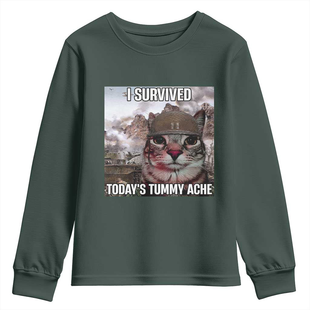 Funny I Survived Todays Tummy Ache Youth Sweatshirt War Cat Meme TS11 Dark Forest Green Print Your Wear