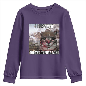 Funny I Survived Todays Tummy Ache Youth Sweatshirt War Cat Meme TS11 Purple Print Your Wear