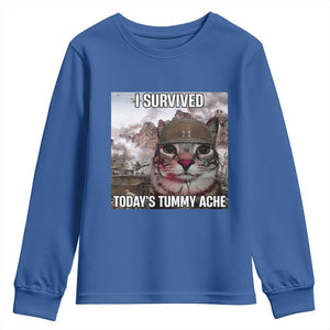 Funny I Survived Todays Tummy Ache Youth Sweatshirt War Cat Meme TS11 Royal Blue Print Your Wear