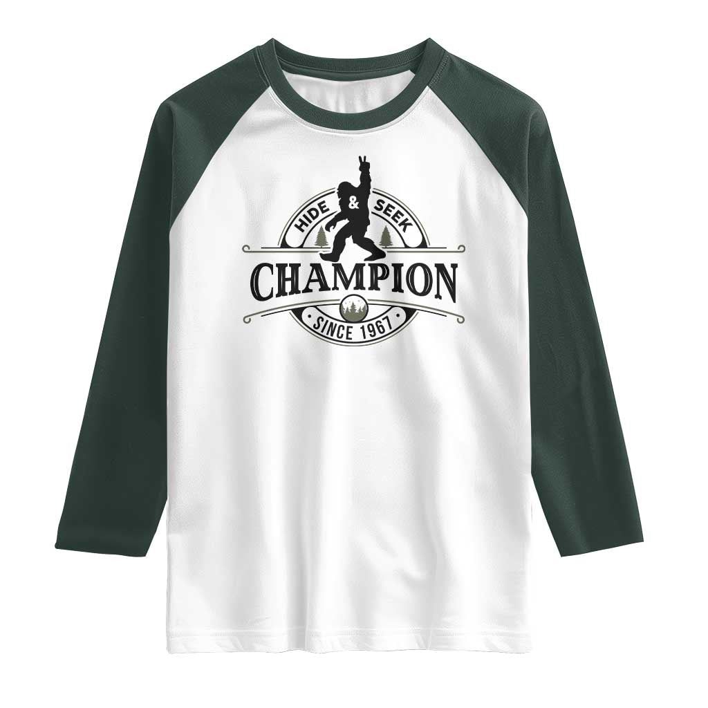 Bigfoot Lover Raglan Shirt Hide And Seek Champion Vintage Sasquatch TS11 White Dark Forest Green Print Your Wear