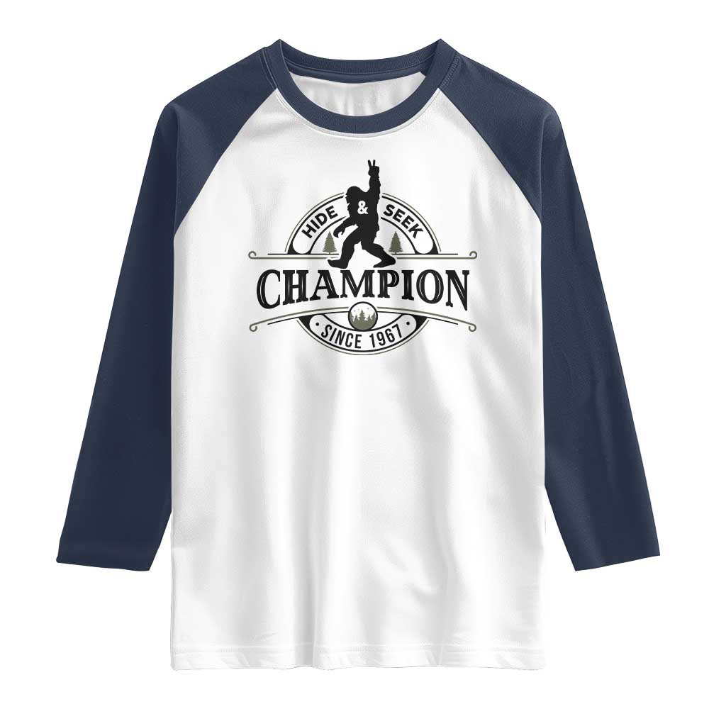 Bigfoot Lover Raglan Shirt Hide And Seek Champion Vintage Sasquatch TS11 White Navy Print Your Wear